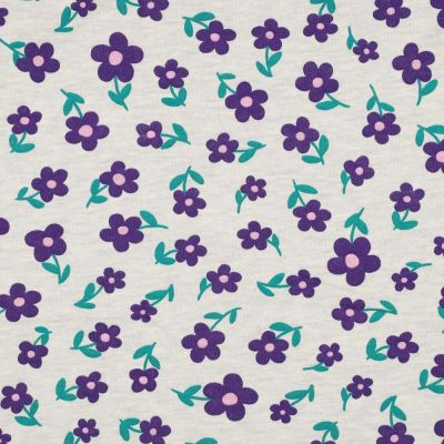 Tissu Sweat envers molleton Poppy Fleurs violettes sur fond Ecru chiné - Par 10 cm