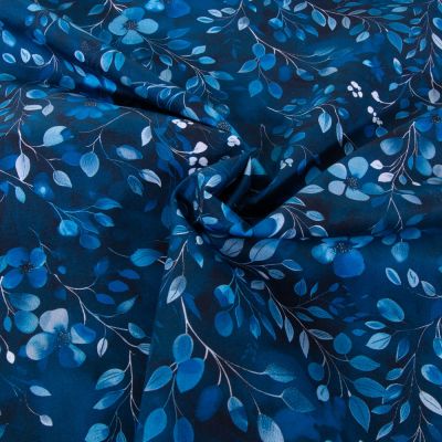 Tissu Popeline de Coton imprimé fleuris Digital Poppy Bleu - Par 10 cm