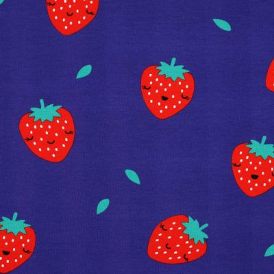 Tissu Jersey stretch Fraise Happy sur fond Bleu roi - Par 10 cm