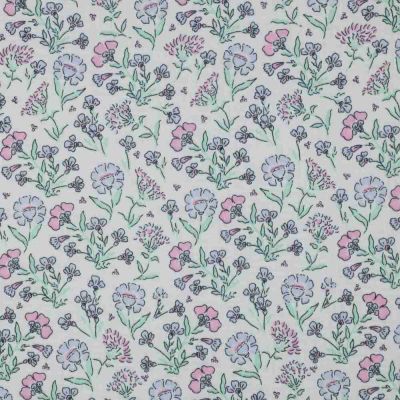 Tissu Double gaze fleurs Daisy bleues sur fond Blanc cassé - Par 10 cm