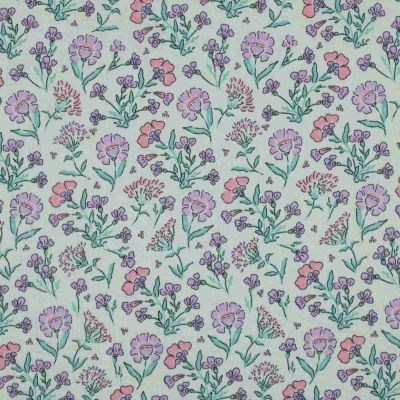 Tissu Double gaze fleurs Daisy lavandes sur fond Vert d&#039;eau - Par 10 cm