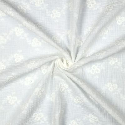 Tissu Double gaze de Coton brodé Fleurs sur fond Blanc - Par 10 cm