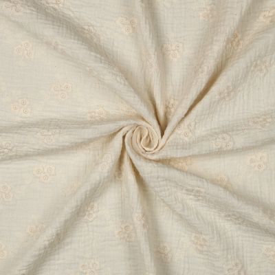 Tissu Double gaze de Coton brodé Fleurs sur fond Ecru - Par 10 cm