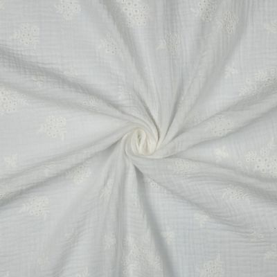 Tissu Double gaze de Coton brodé Fleurs Tia sur fond Blanc - Par 10 cm