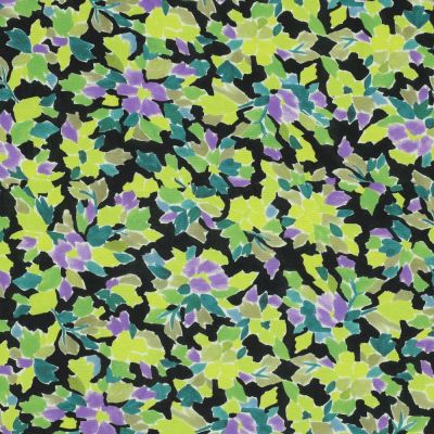 Tissu Viscose Digital Fleurs vertes sur fond Noir - Par 10 cm