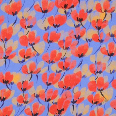 Tissu Viscose Digital Tulipes rouges sur fond Bleu - Par 10 cm