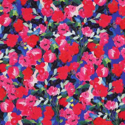 Tissu Viscose Lurex digital Fleurs rouges sur fond Bleu cobalt - Par 10 cm