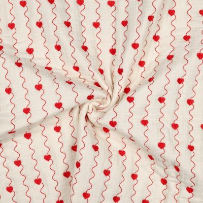 Tissu Double gaze de Coton Matelassé Kaya coeurs brodés Rouge sur fond Ecru - Par 10 cm