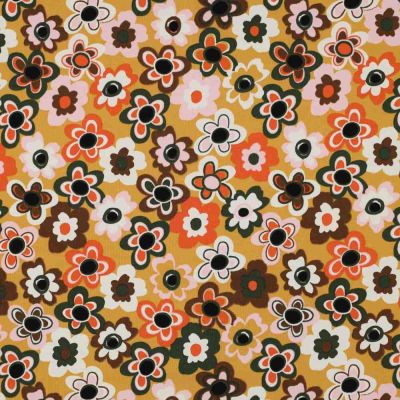 Tissu Jersey stretch fleurs Floraviva muticolores sur fond Jaune moutarde - Par 10 cm