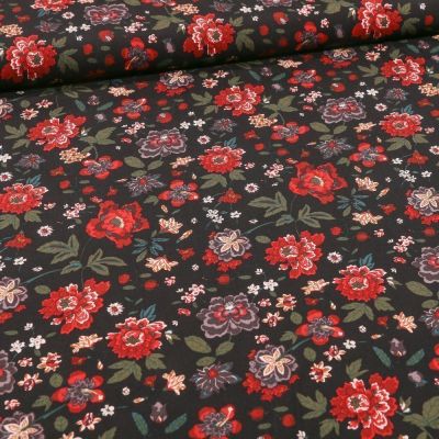 Tissu Viscose Fleuris Louise sur fond Noir - Par 10 cm