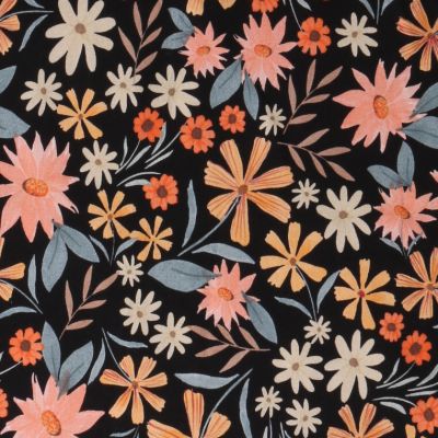 Tissu Jersey stretch fleurs Eboni sur fond Noir - Par 10 cm