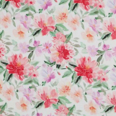Tissu Double gaze de Coton imprimé Camélia fleurs Rouges sur fond Blanc - Par 10 cm