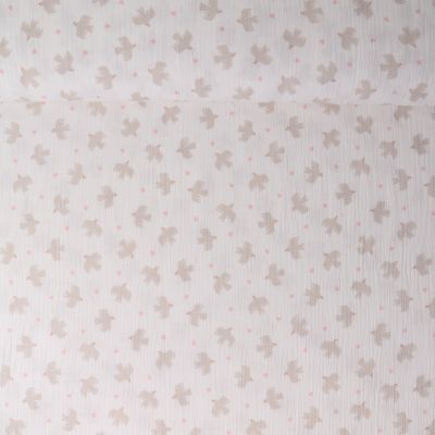 Tissu Double gaze de Coton Suzie oiseaux Beiges sur fond Blanc - Par 10 cm
