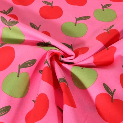 Tissu Popeline de Coton Poppy Pommes rouges et vertes sur fond Rose - Par 10 cm