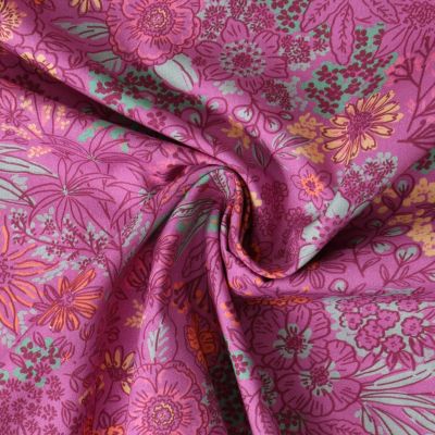 Tissu Popeline de Coton Amandine fleurs Jaunes sur fond Rose fuchsia - Par 10 cm