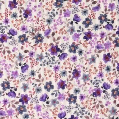 Tissu Jersey Bord Côte stretch fleurs Ambrie Violettes sur fond Blanc - Par 10 cm