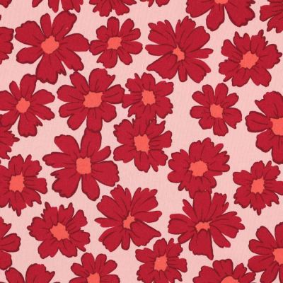 Tissu Sweat envers molletonné Cosmia fleurs Rouges sur fond Rose - Par 10 cm