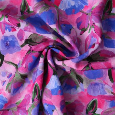 Tissu Ecovero Novera fleurs Violettes sur fond Rose - Par 10 cm