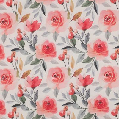 Tissu Voile de Coton fleurs Rosabella roses sur fond Blanc cassé - Par 10 cm