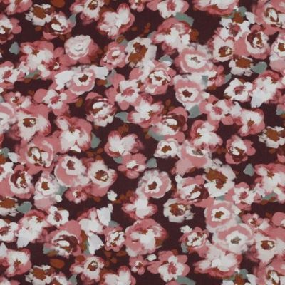 Tissu Viscose extensible Fleuris Mia rose sur fond Bordeaux - Par 10 cm