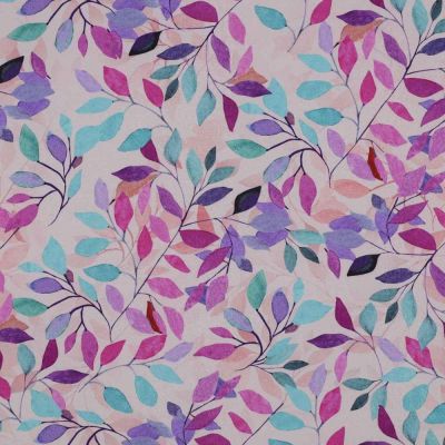 Tissu Viscose  Eloria feuilles Violettes sur fond Parme - Par 10 cm