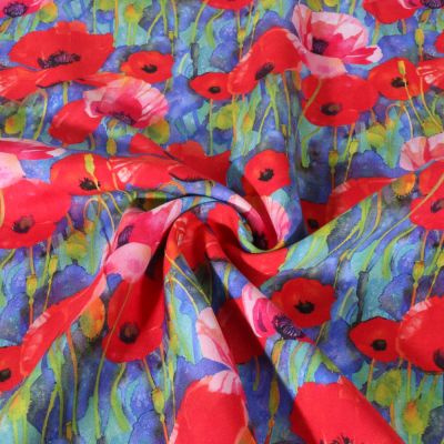 Tissu Viscose Digital imprimé Jardin coquelicot sur fond Bleu - Par 10 cm