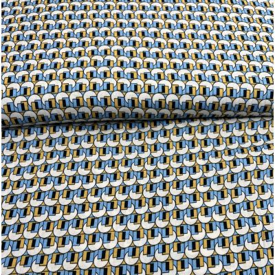 Tissu Viscose Formes Géo sur fond Bleu ciel - Par 10 cm