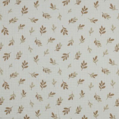 Tissu Double gaze de Coton feuilles Foliette brunes sur fond Blanc cassé - Par 10 cm