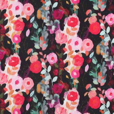 Tissu Viscose  Rosalia fleurs Roses sur fond Noir - Par 10 cm