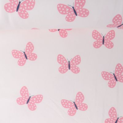 Tissu Sweat envers molletonné Lili papillons Roses sur fond Blanc cassé - Par 10 cm