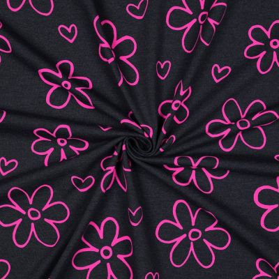 Tissu Jersey Polycoton imprimé Fleurs Neon Rose sur fond gris anthracite - Par 10 cm