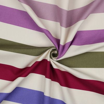 Tissu Toile de Coton Canvas Rayures parme, vert et bordeaux sur fond Blanc - Par 10 cm