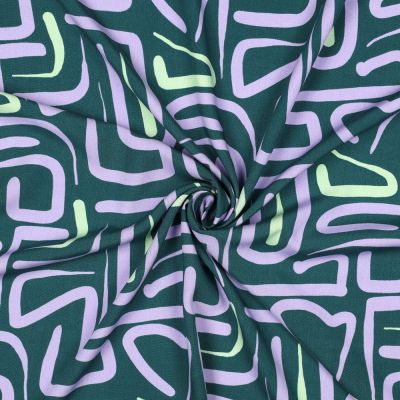 Tissu Viscose imprimé motifs abstraits Lila et Vert d&#039;eau sur fond Vert canard - Par 10 cm