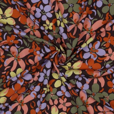 Tissu Viscose imprimé orchidées kaki sur fond Marron - Par 10 cm
