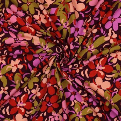 Tissu Viscose imprimé orchidées Multicolores sur fond Noir - Par 10 cm