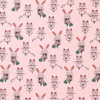 Tissu Jersey Coton Lapines et renardes Vertes et roses sur fond Rose - Par 10 cm