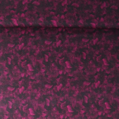 Tissu Viscose Twill extensible Louna fleurs Framboise foncé sur fond Noir - Par 10 cm