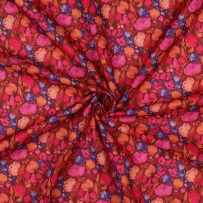 Tissu Voile de Coton digital bouquets fleurs sur fond Bordeaux - Par 10 cm
