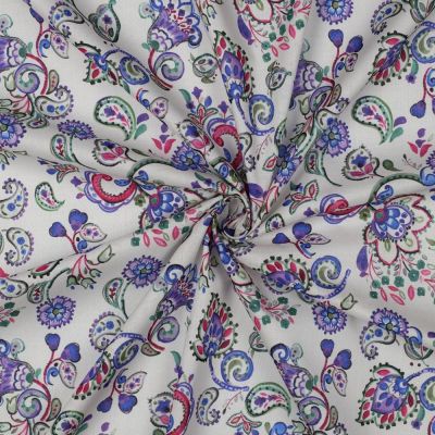 Tissu Voile de Coton digital fleurs Multicolores sur fond Blanc cassé - Par 10 cm