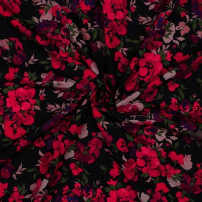 Tissu Viscose EcoVero digital fleurs Rouge sur fond Noir - Par 10 cm