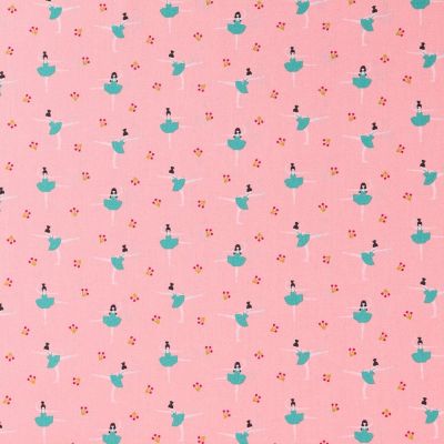 Tissu Popeline Imprimée LittleBird Danseuses Vertes sur fond Rose - Par 10 cm