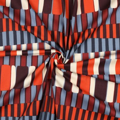 Tissu Coton Viscose rayures Orange, Noir et Beige sur fond Bleu gris - Par 10 cm