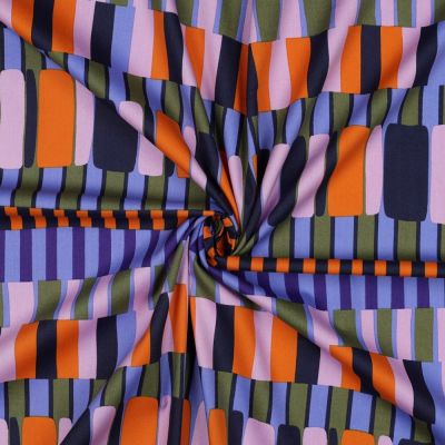 Tissu Coton Viscose rayures Orange, Noir et Vert sur fond Bleu ciel - Par 10 cm