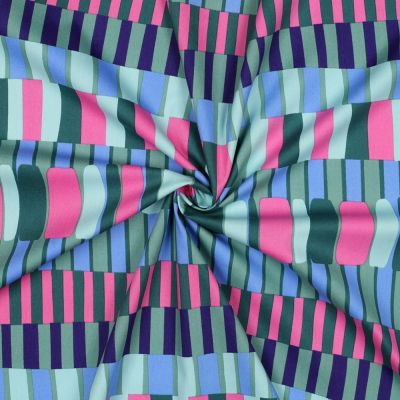 Tissu Coton Viscose rayures Rose, Bleu et Vert forêt sur fond Vert jade - Par 10 cm
