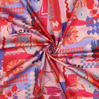 Tissu Coton satiné digital patchwork Rouge sur fond Rose pastel - Par 10 cm