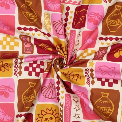 Tissu Popeline de Coton patchwork d&#039;été sur fond Ecru - Par 10 cm