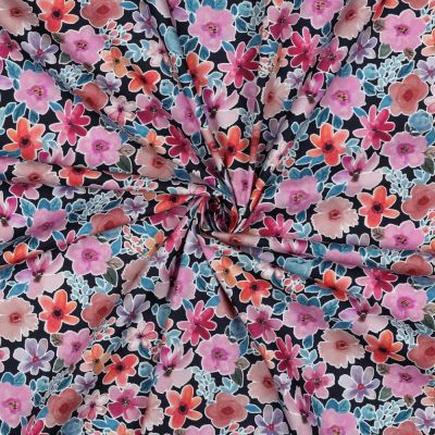 Tissu Popeline de Coton digital petites fleurs sur fond Noir - Par 10 cm