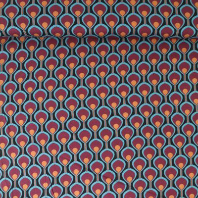 Tissu Viscose extensible Cléa œil de paon Bordeaux sur fond Noir profond - Par 10 cm