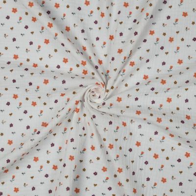 Tissu Double gaze de Coton digital petites fleurs Oranges sur fond Ecru - Par 10 cm
