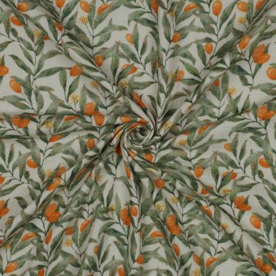 Tissu Double gaze de Coton digital branches d&#039;olivier sur fond Ecru - Par 10 cm